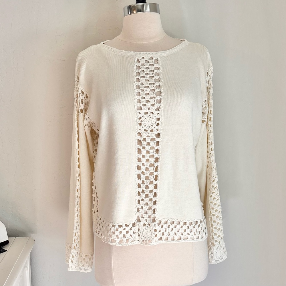 Catherine Malandrino Ivory Crochet Inset Bell Sleeve Sweater, Sz Small, NWT